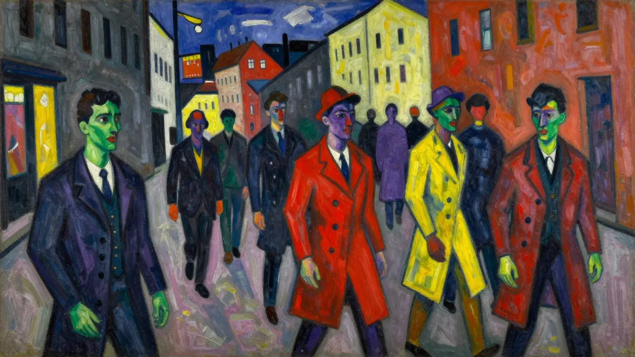 Jagged urban street scene with colorful, anxious figures in Expressionist style