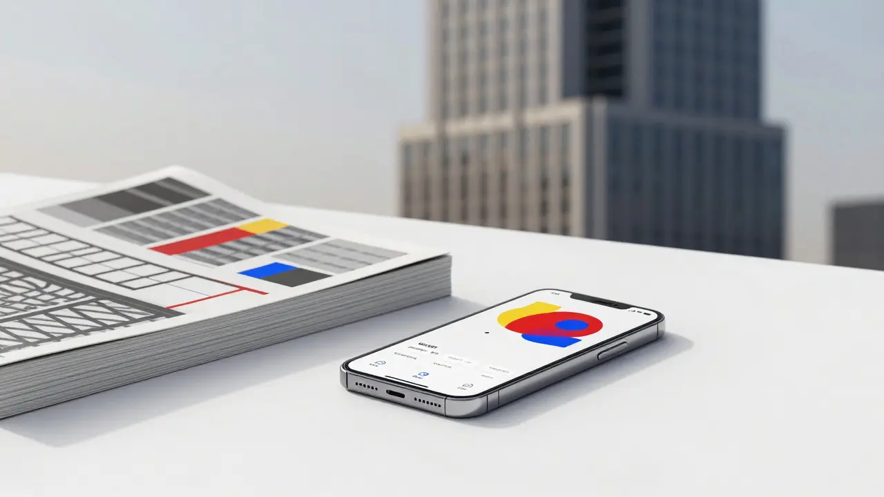 Modern smartphone and architecture books influenced by De Stijl design