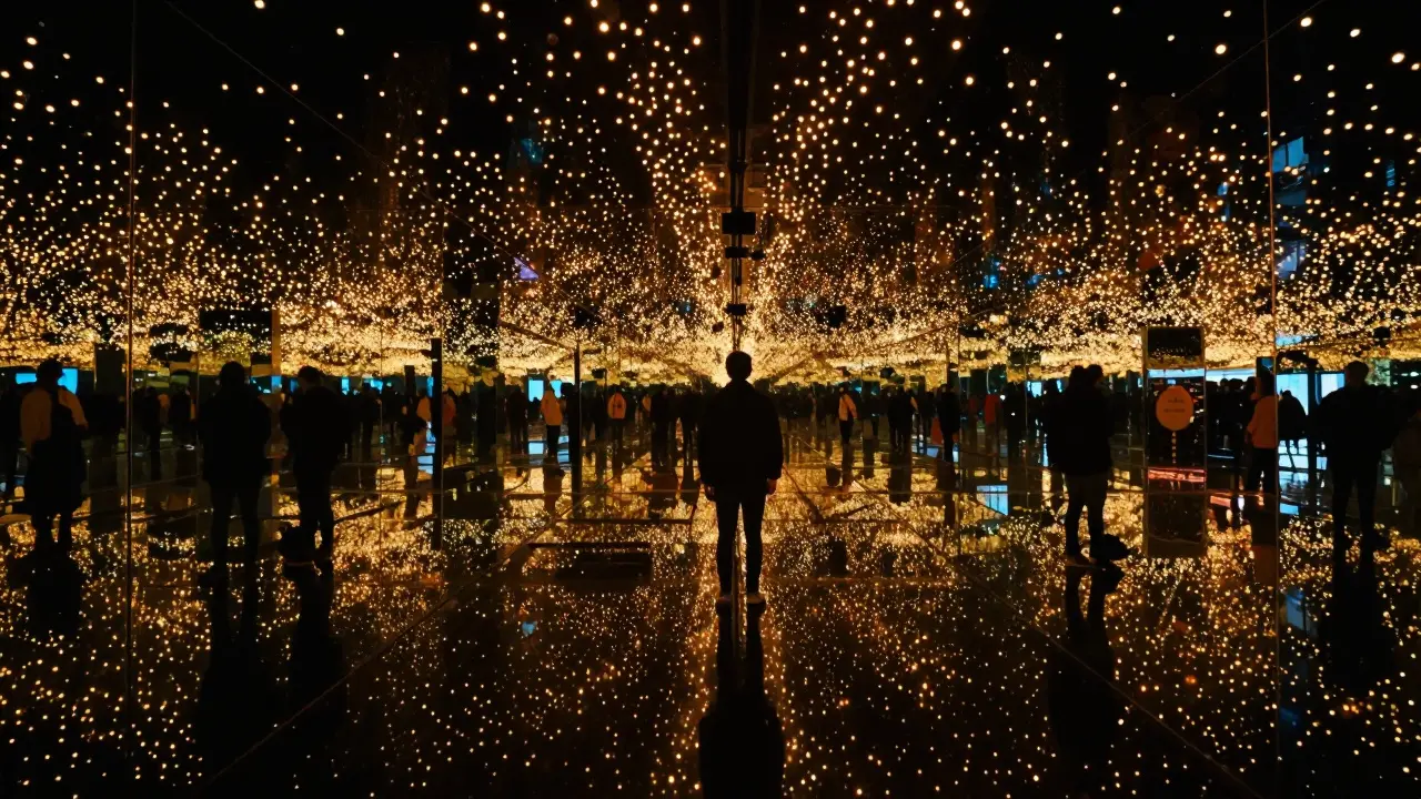 Person surrounded by infinite mirror reflections and LED lights in a dark room