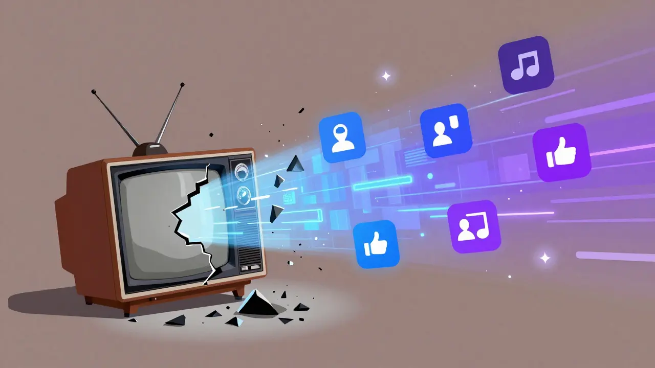 Smashed TV sculpture blending into digital social media icons representing Fluxus legacy.