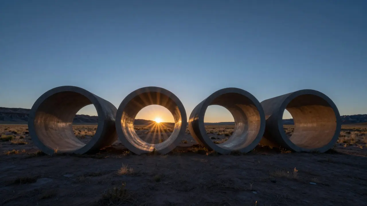 Sunlight shining through concrete Sun Tunnels at sunset