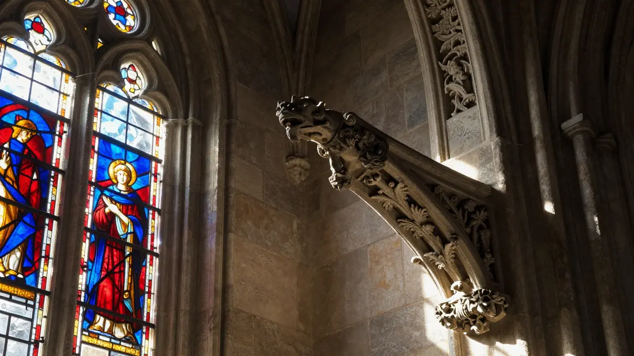 Sunlit Gothic stone details with colorful stained glass reflections