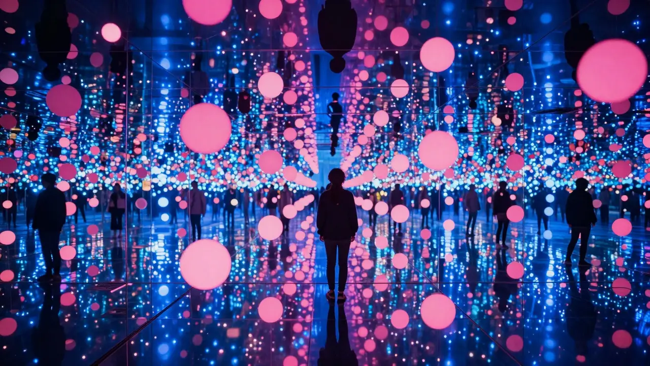 Visitor inside a mirrored room filled with infinite glowing polka dots.