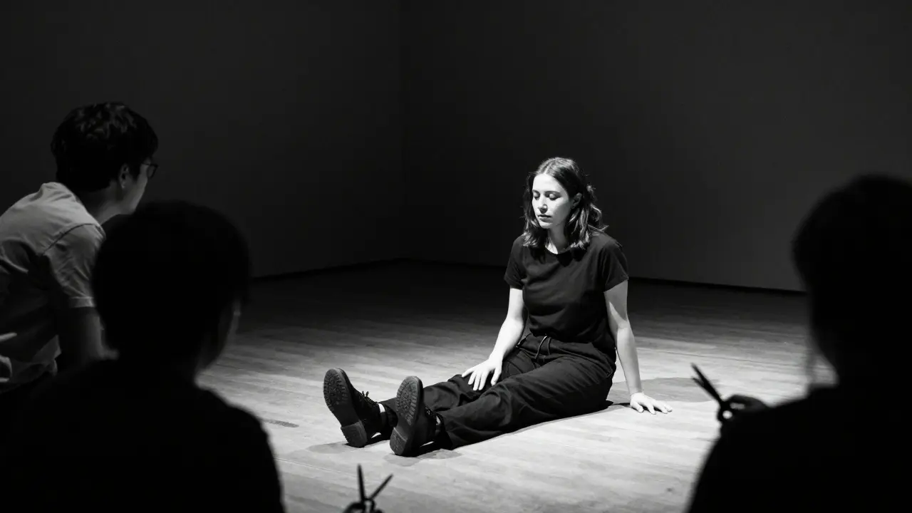 Woman sitting still on stage as audience members approach with scissors in black and white.