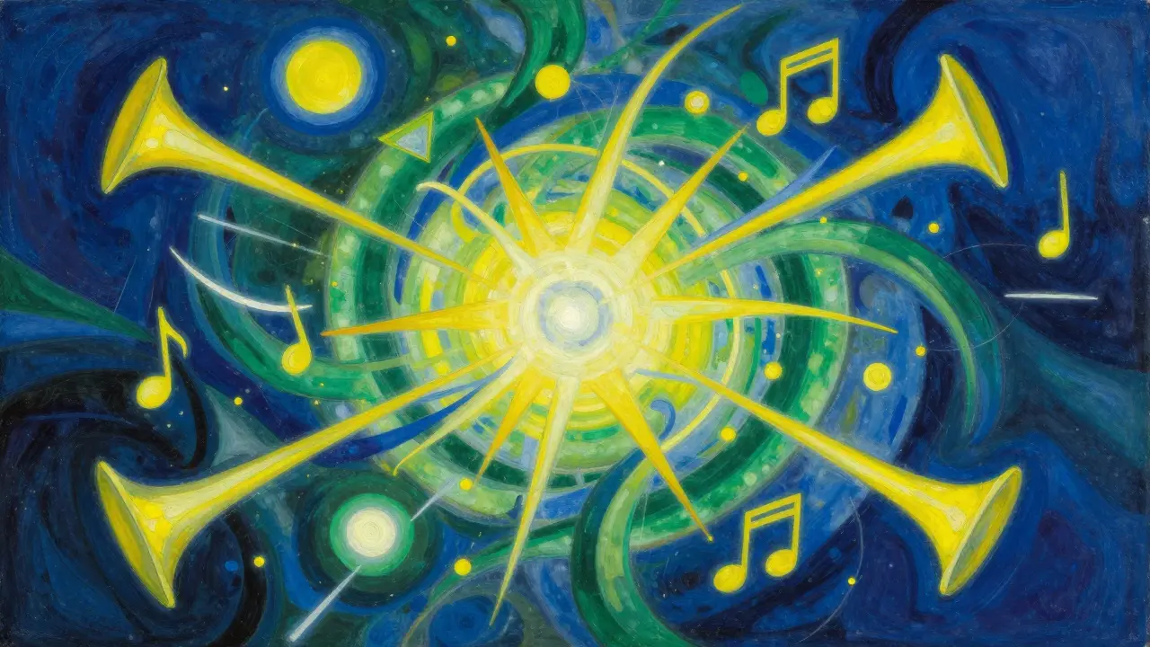 Abstract art with vibrant geometric shapes and colors evoking musical emotion