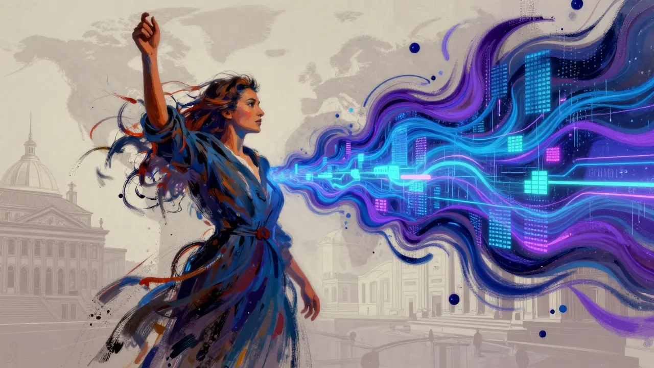 Abstract brushstrokes transforming into modern digital art flows