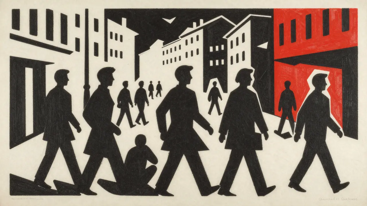 Angular woodcut print of jagged figures on a chaotic city street in stark contrast