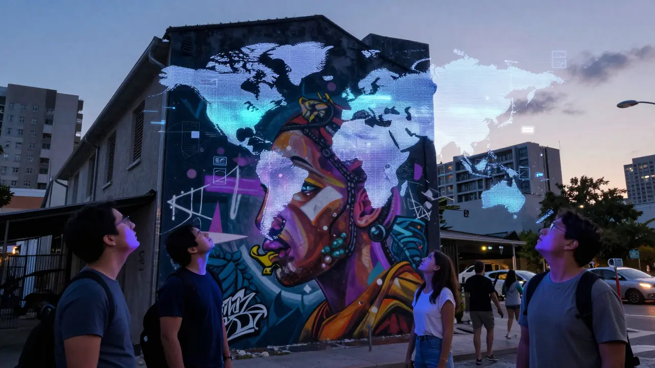 Augmented reality animations enhancing a street mural at twilight