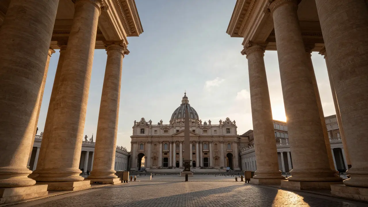 Bernini's colonnades embrace visitors in St. Peter's Square at sunset