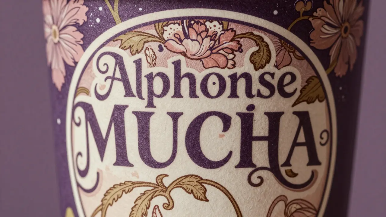 Coffee cup with hand-drawn, floral typography and visible ink textures