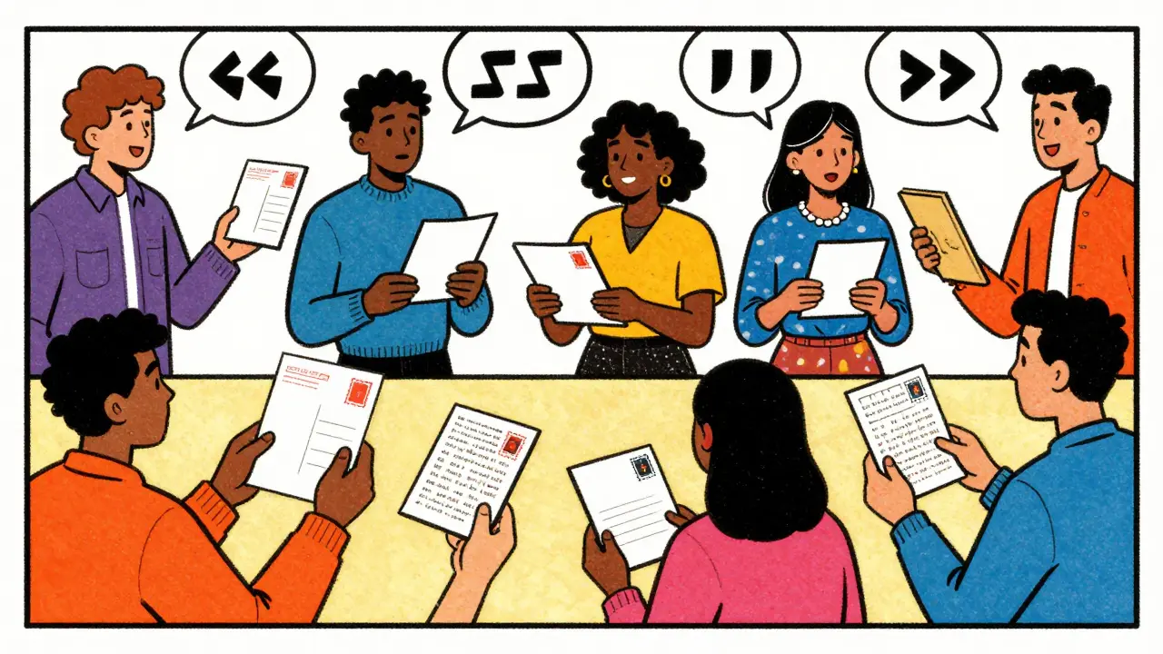 Comic style illustration of artists exchanging mail art globally