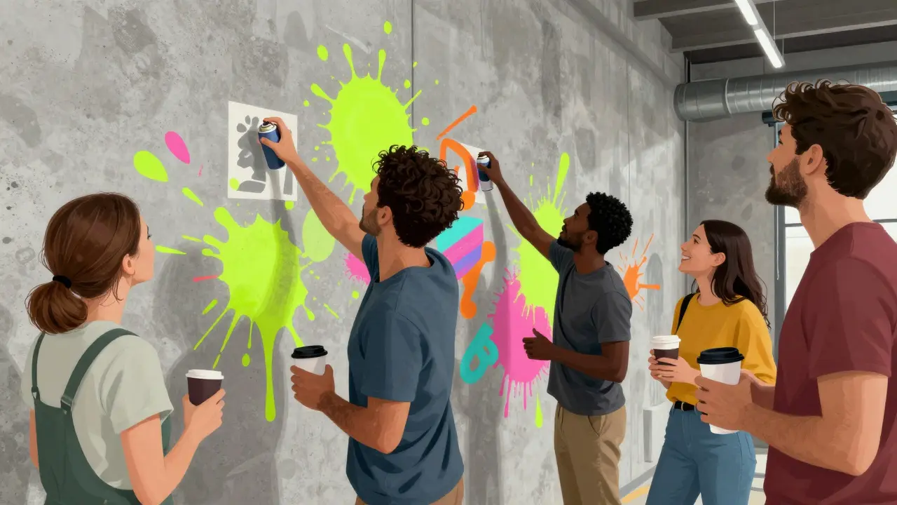 Community members and artists painting a collaborative mural together