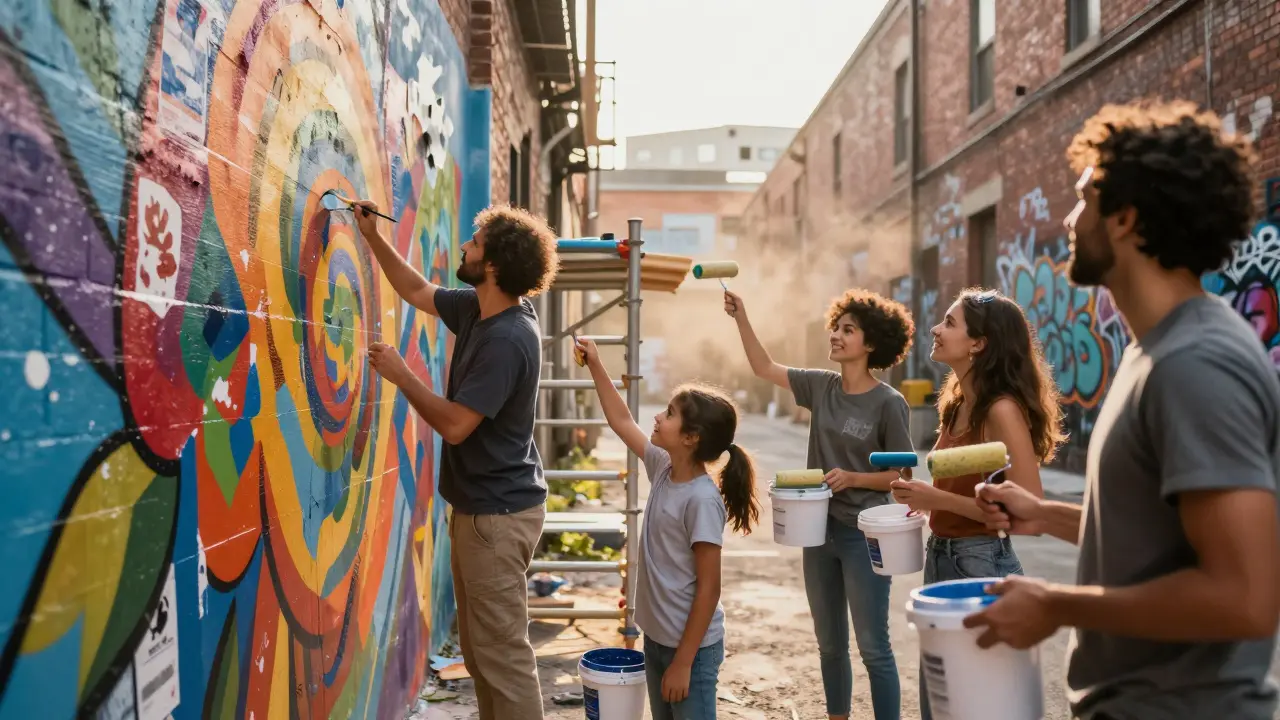Community members painting a collaborative mural in an alley