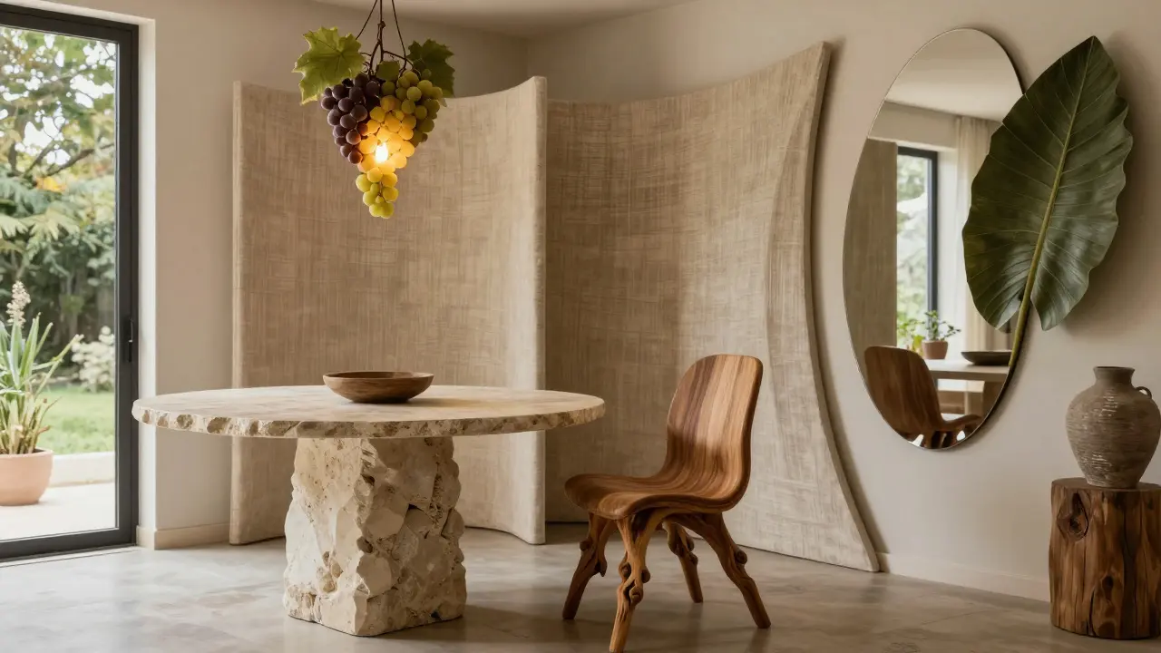 Living room with twisted wood furniture and leaf-shaped mirrors