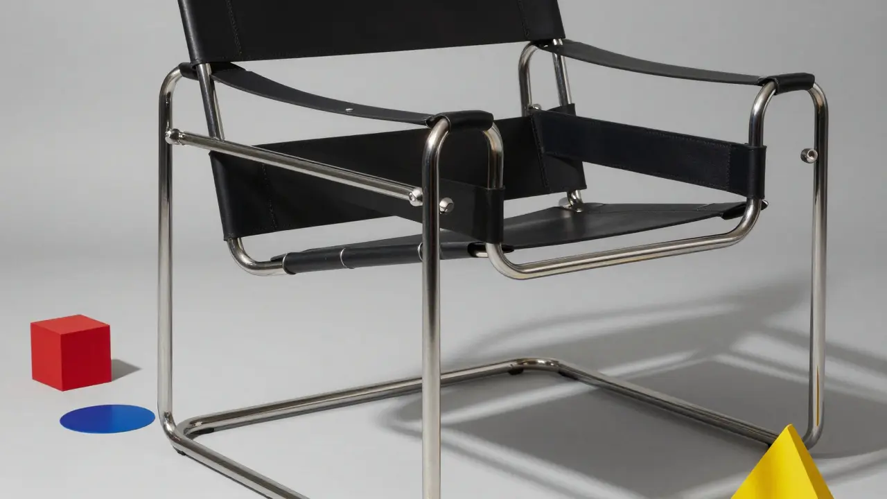 Marcel Breuer's tubular steel Wassily Chair surrounded by primary colored geometric shapes