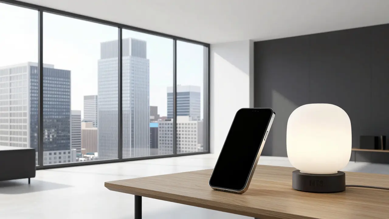 Modern minimalist interior with smartphone and lamp showing Bauhaus influence