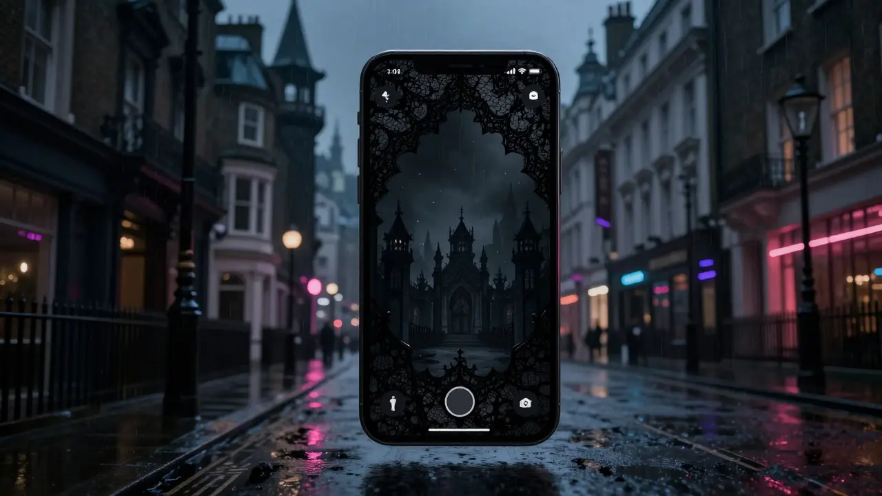Modern tech meets Gothic shadows on a rainy London street