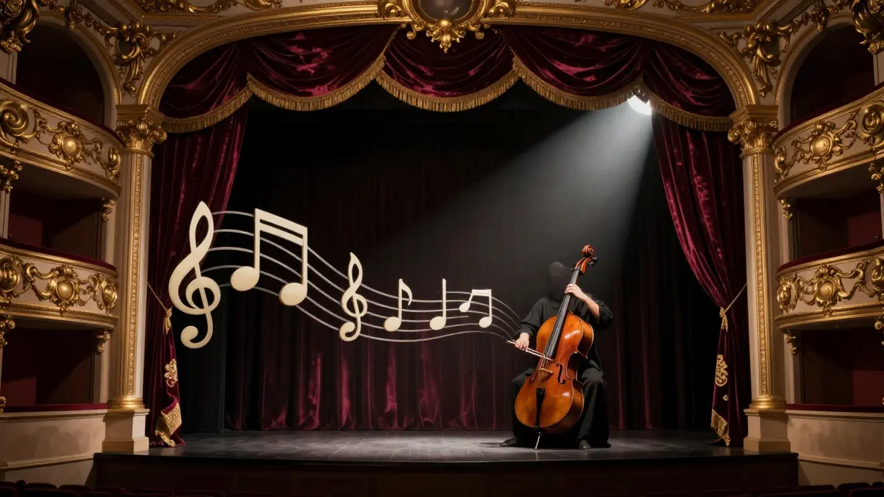 Musical notes swirl into ornate Baroque sculptures on a theater stage