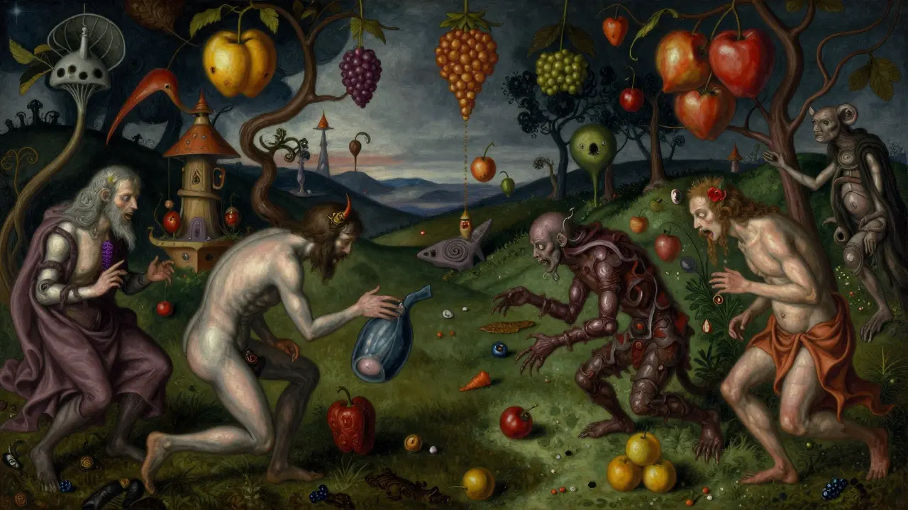 Surreal Bosch-style painting with twisted figures and monsters