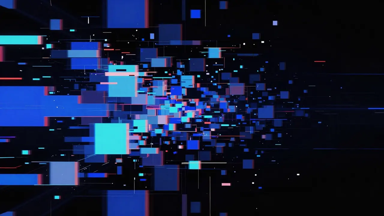 Abstract digital glitch art with fragmented pixels and neon colors