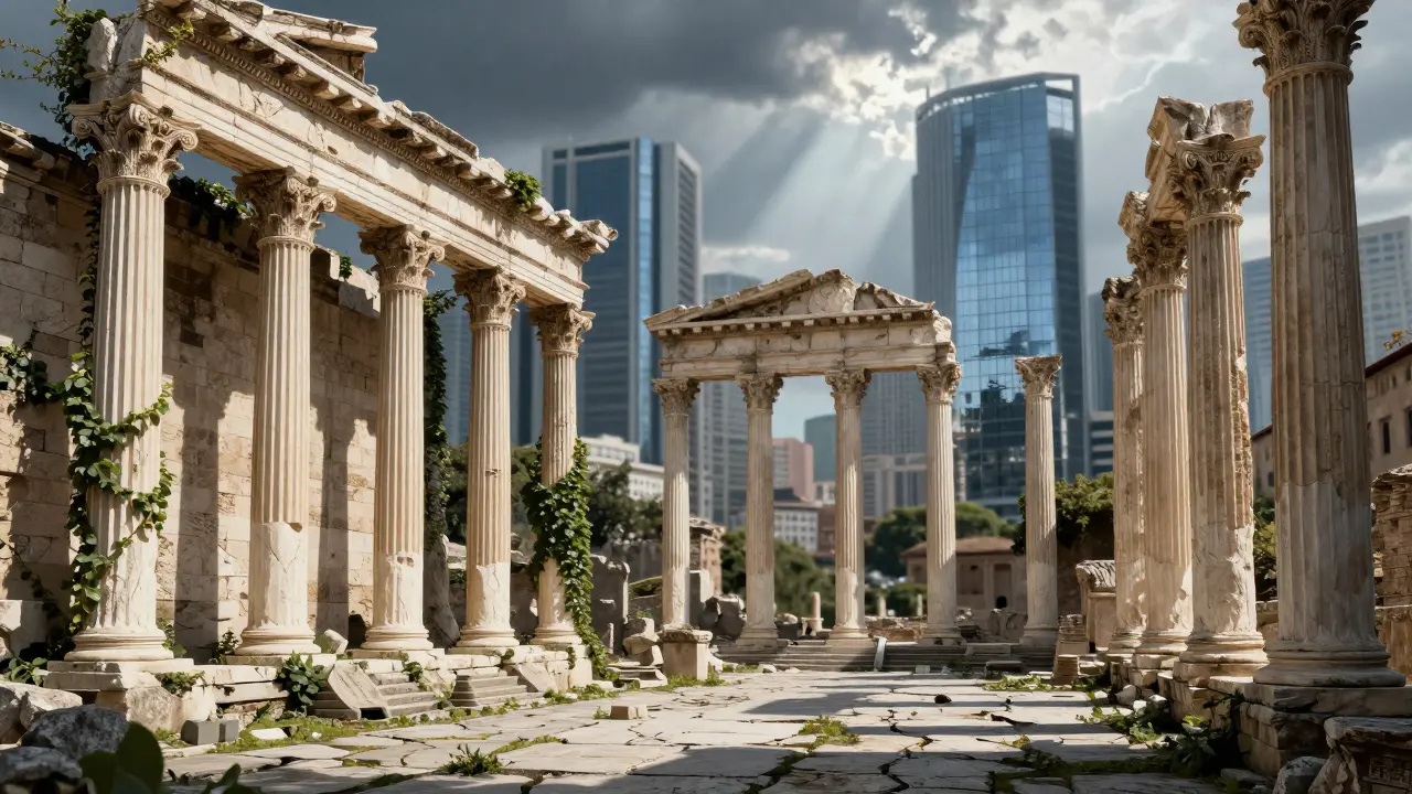 Ancient Roman columns juxtaposed with modern city skyline in conceptual art