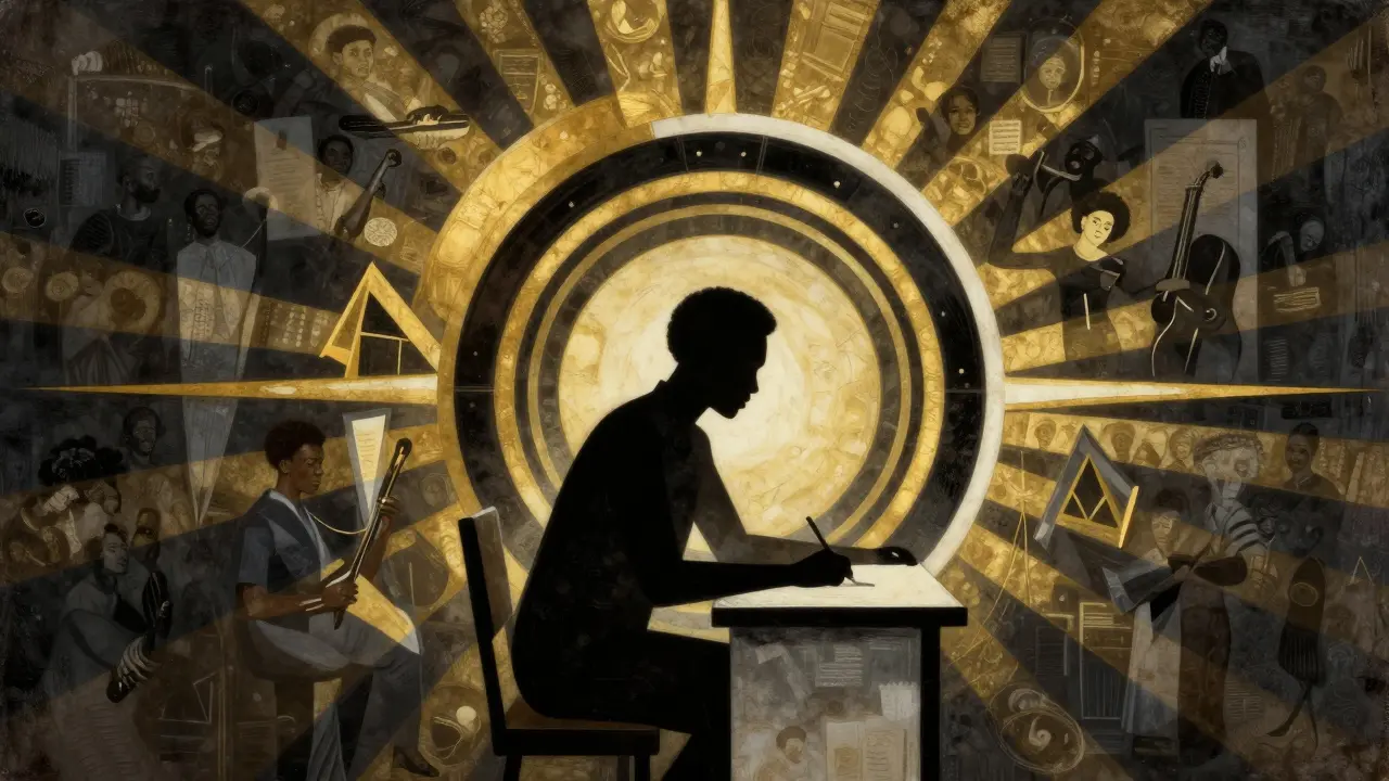 Artistic illustration combining Aaron Douglas-style geometry with silhouettes of writers and musicians