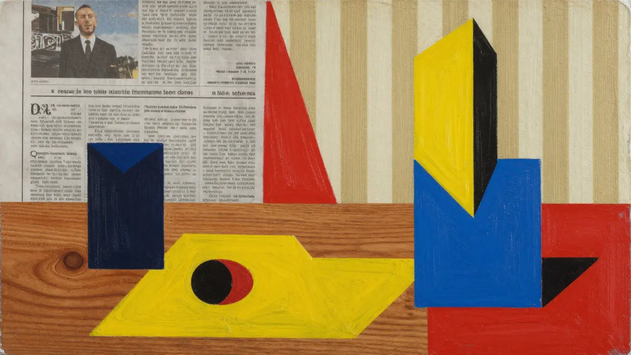 Collage artwork with newspaper and bright geometric shapes