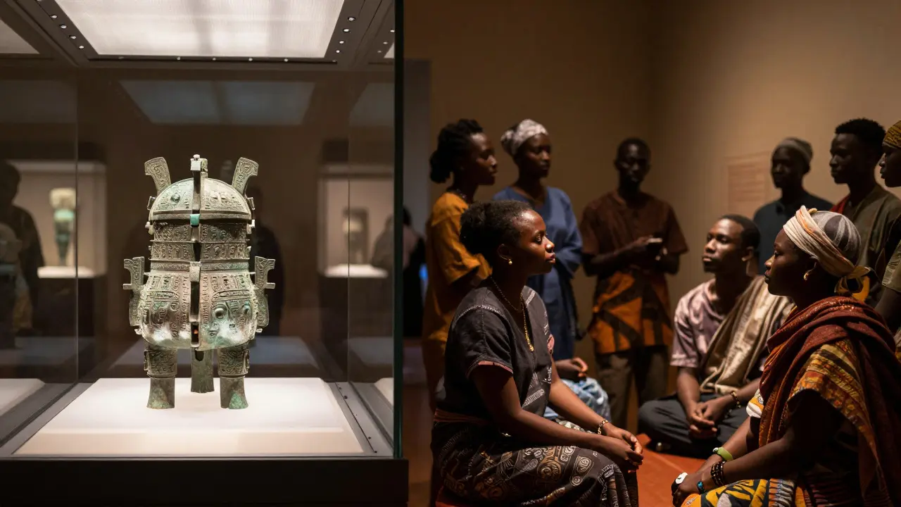 Conceptual image contrasting looted artifacts in museums with their return home