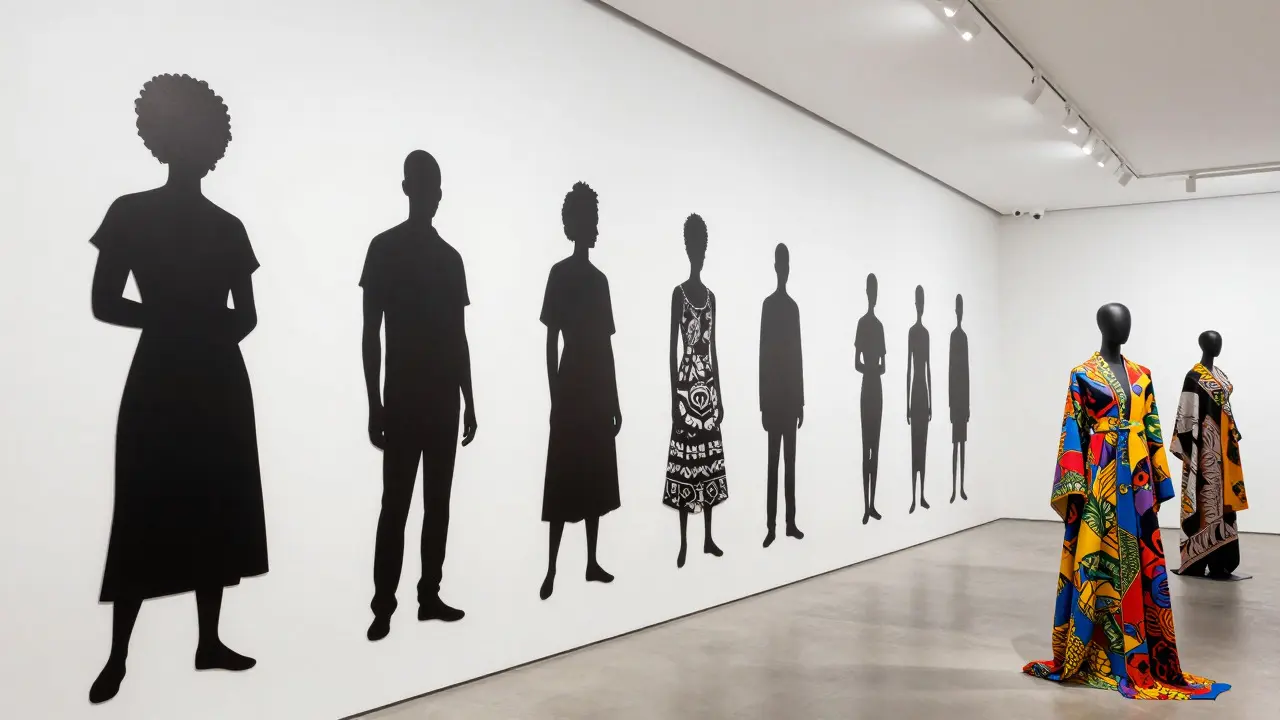 Contemporary art installation with black silhouettes and patterned fabrics