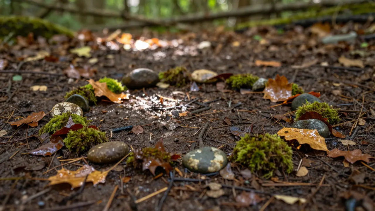 Delicate leaf and stone ring sculpture on a sun-dappled forest floor