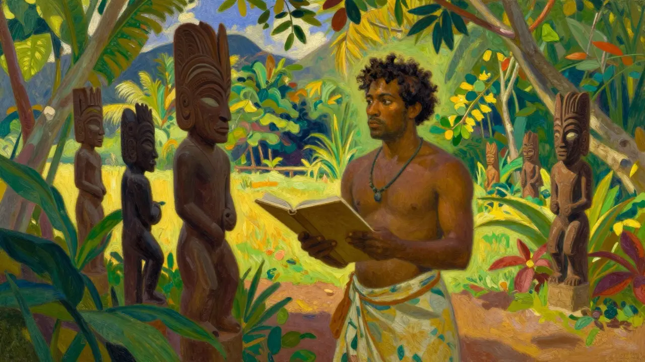Gauguin sketching in Tahiti, observing Polynesian carvings as an outsider