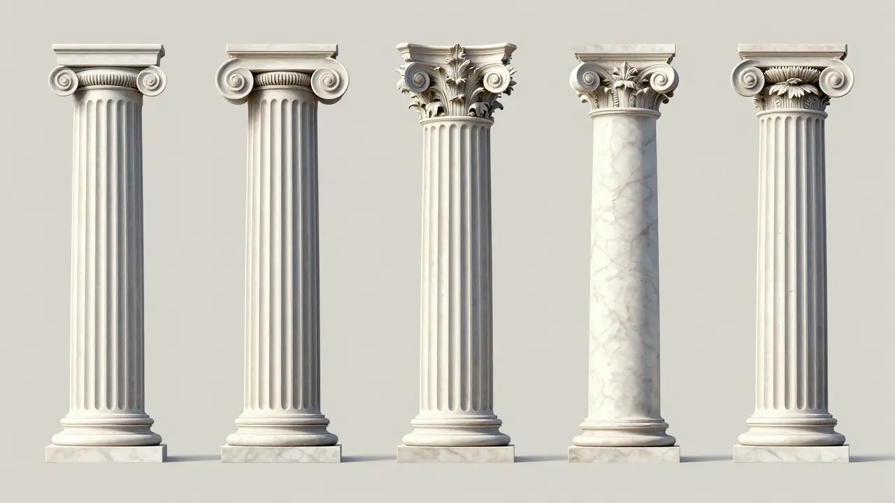 Illustration of five classical architectural orders showing different column styles