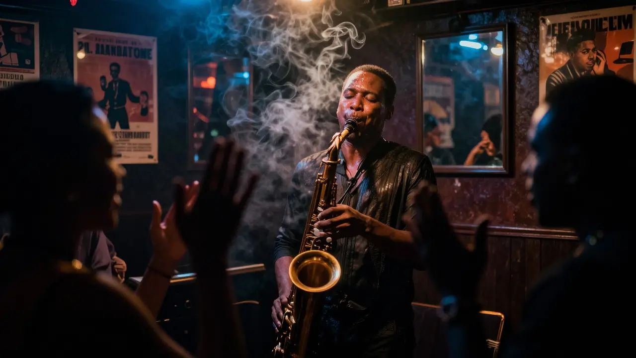 Jazz musician playing saxophone in a smoky, dimly lit Harlem basement club with audience
