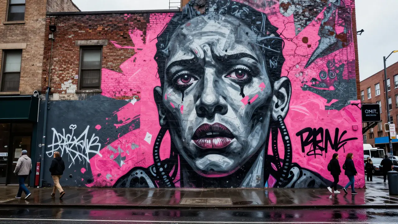 Large distorted face mural on a brick wall reflecting in wet pavement