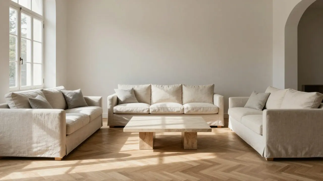 Minimalist living room with symmetrical furniture and neutral tones