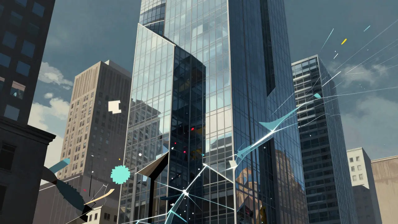 Modern skyscraper reflecting Cubist geometric fragmentation