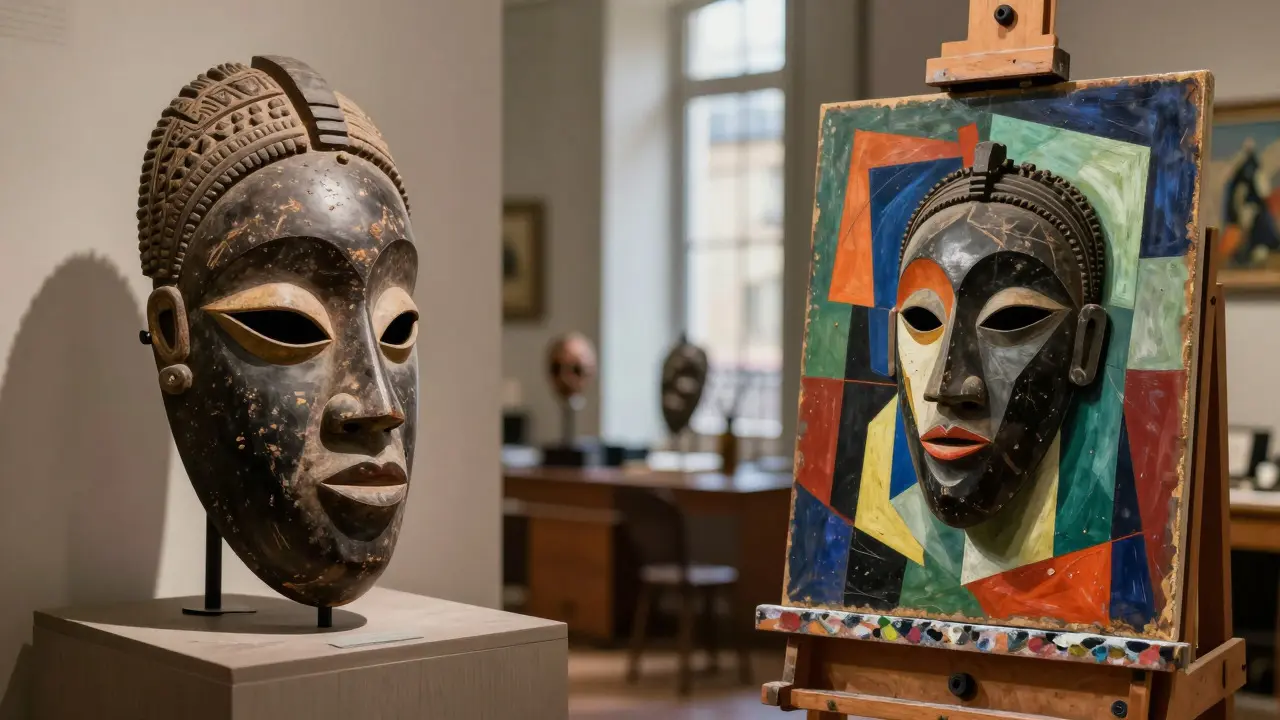 Split view contrasting an African mask in a museum with a cubist painting