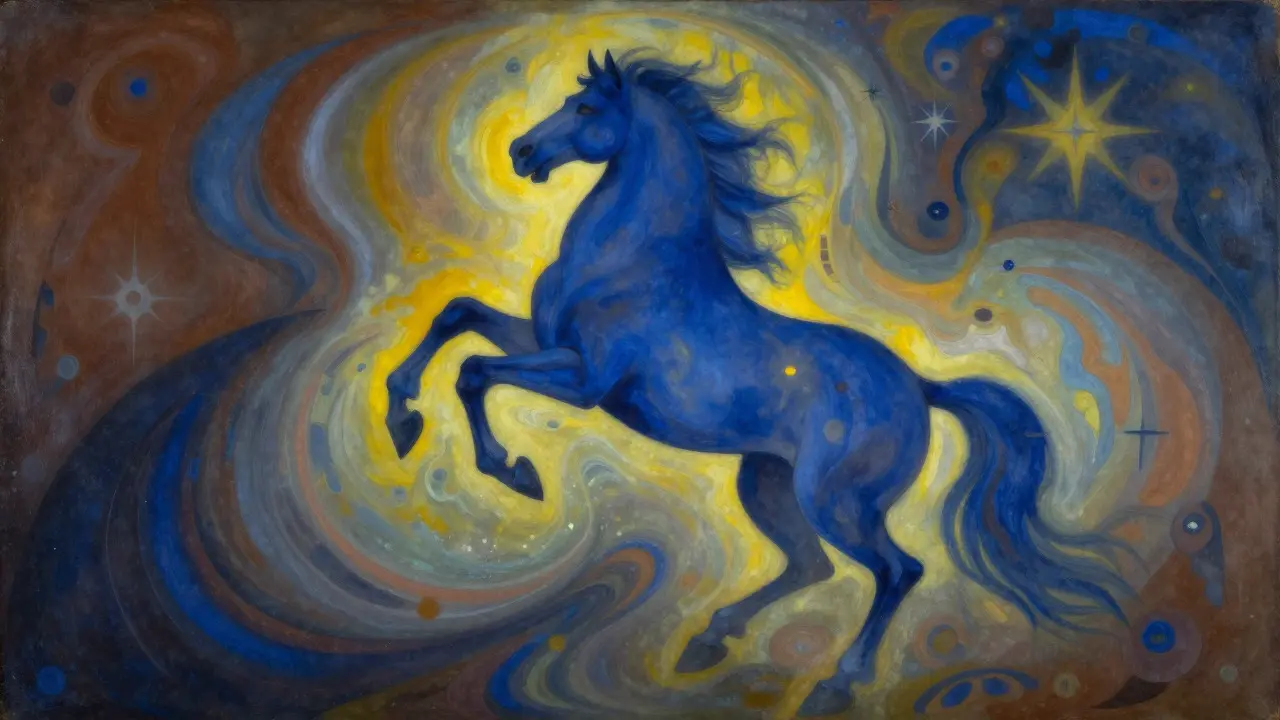 Abstract blue horse in a spiritual, colorful swirl