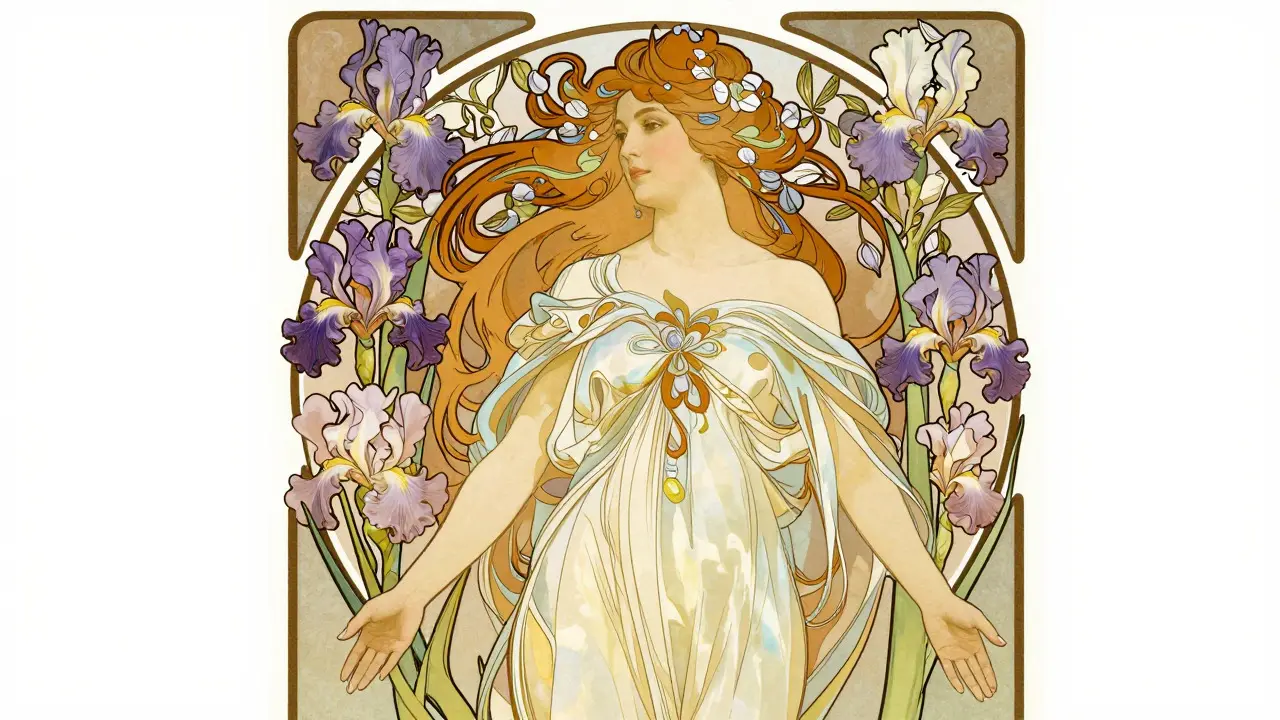 Alphonse Mucha style poster featuring a woman with floral hair halo