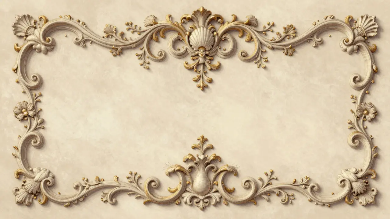 Close-up of asymmetric Rococo wall carvings featuring shells, scrolls, and floral motifs.