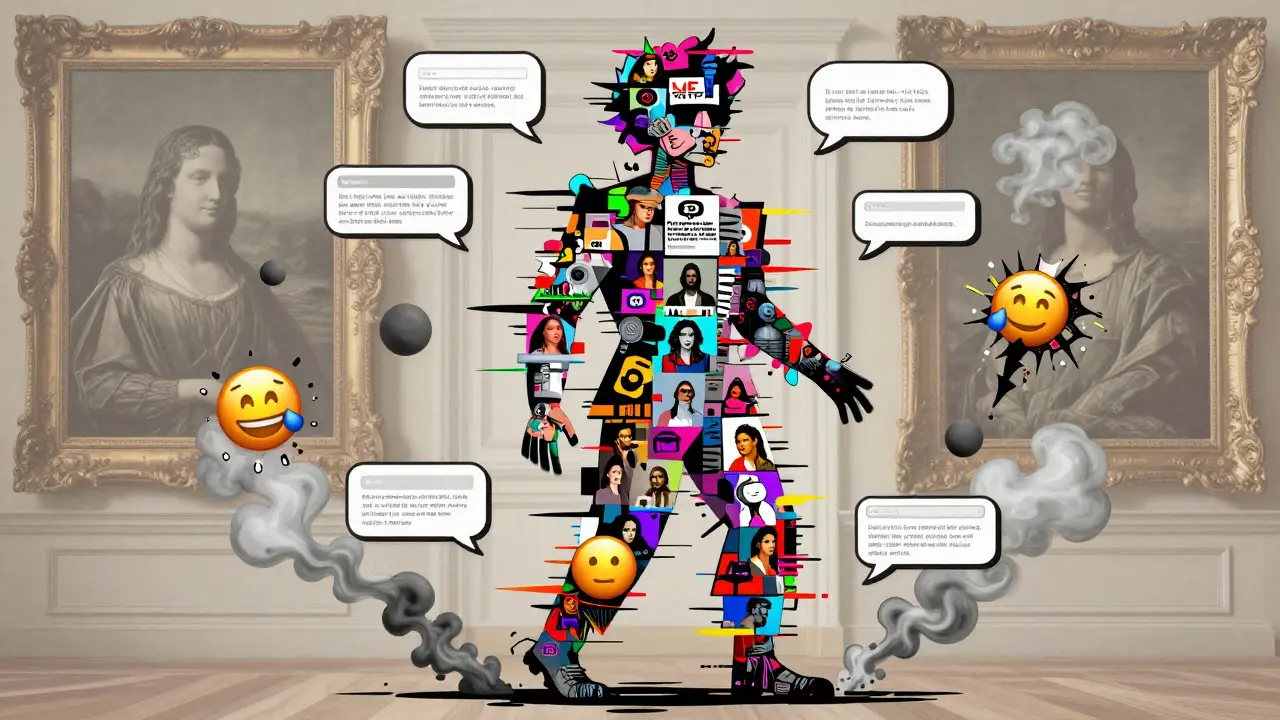 Collage of internet memes forming a human figure amidst digital glitches