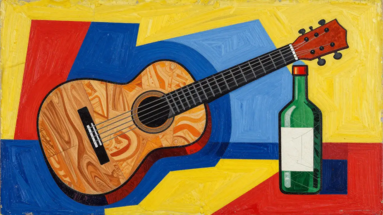 Collage-style still life with guitar and bright colors showing Synthetic Cubism