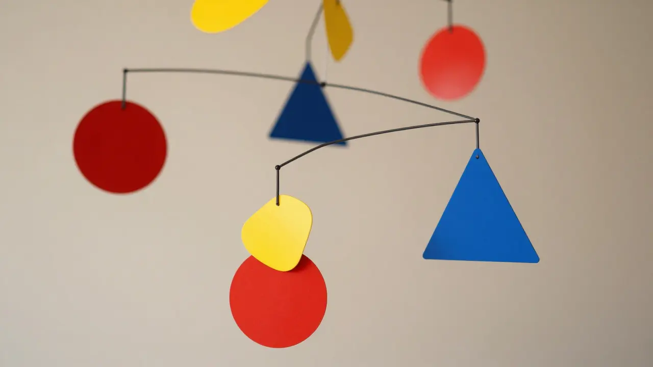 Colorful Calder-style mobile with balanced geometric shapes