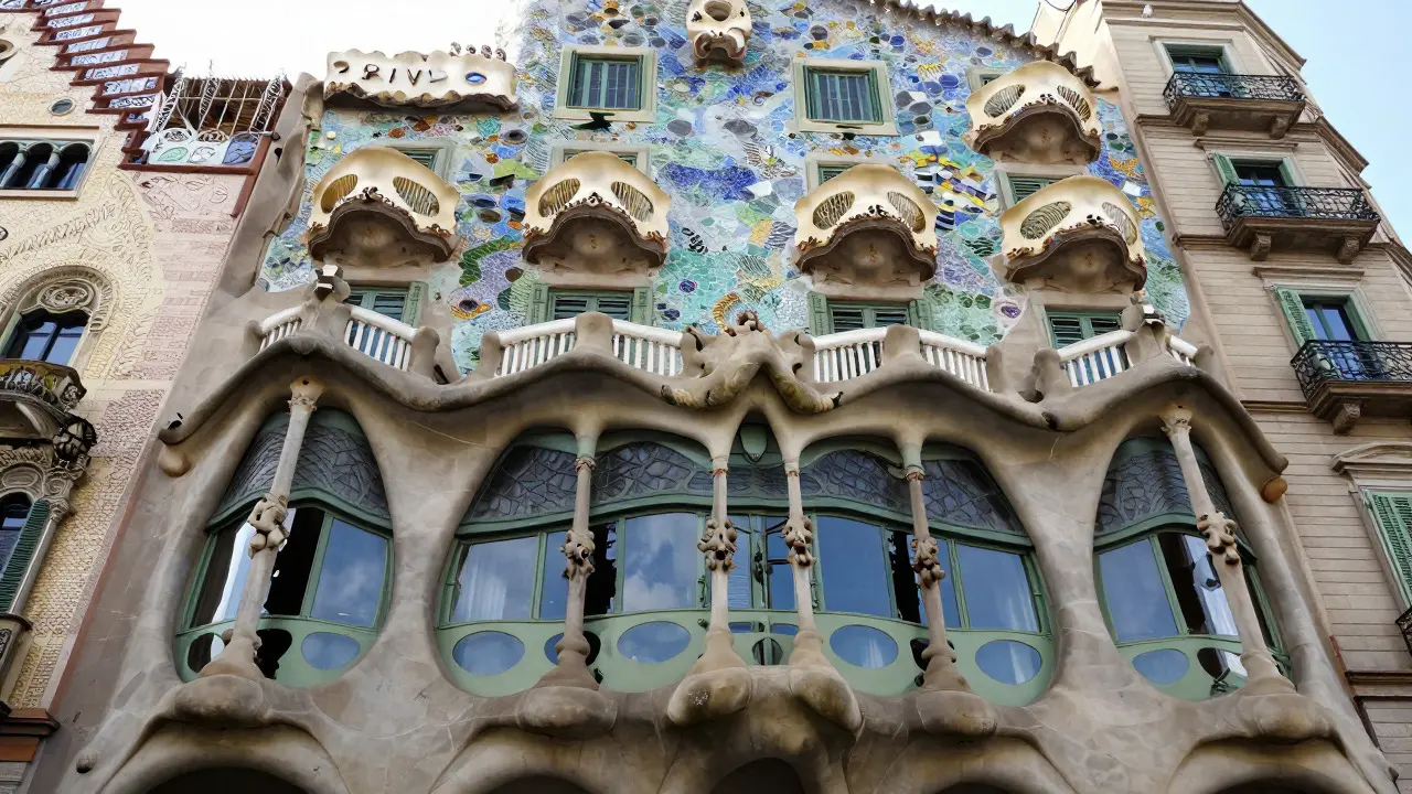 Colorful organic facade of Casa Batlló with mosaic tiles and curved shapes