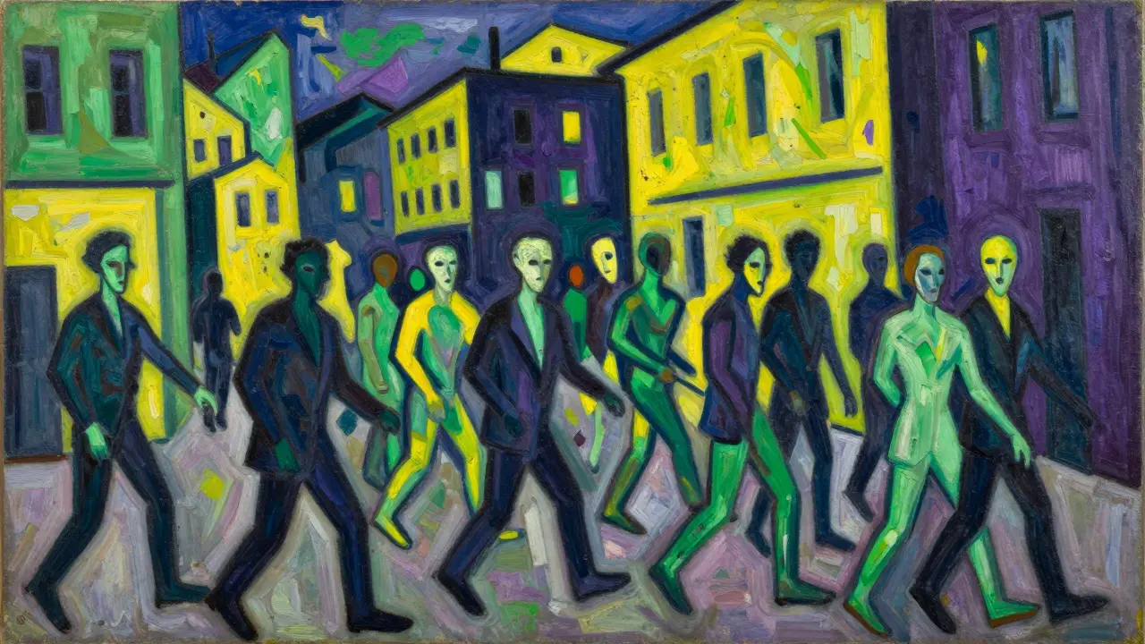 Distorted figures in a jagged, colorful city street
