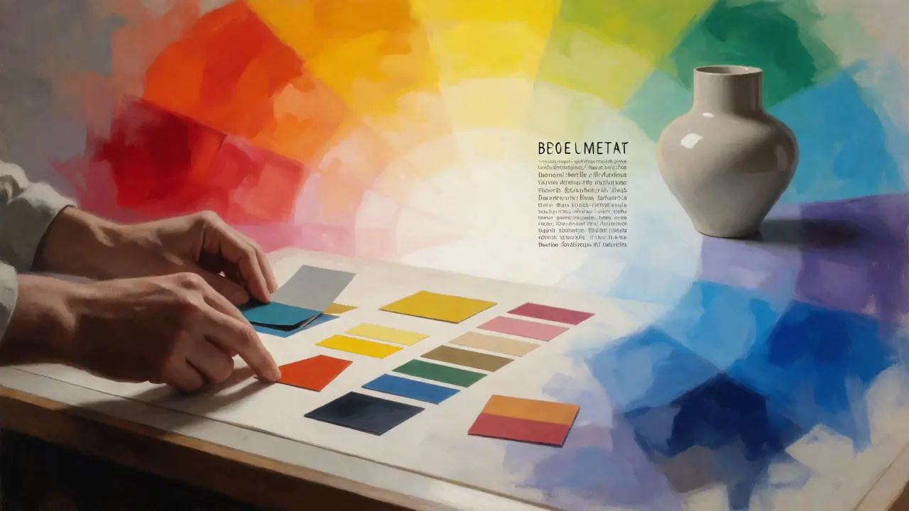 Hands arranging color swatches and geometric forms near abstract color theory art.