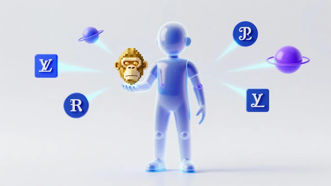 Holographic avatar holding a digital NFT asset in a futuristic setting