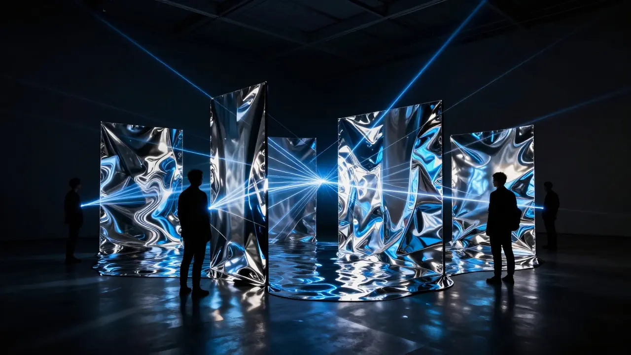 Interactive mirrored kinetic installation responding to viewers