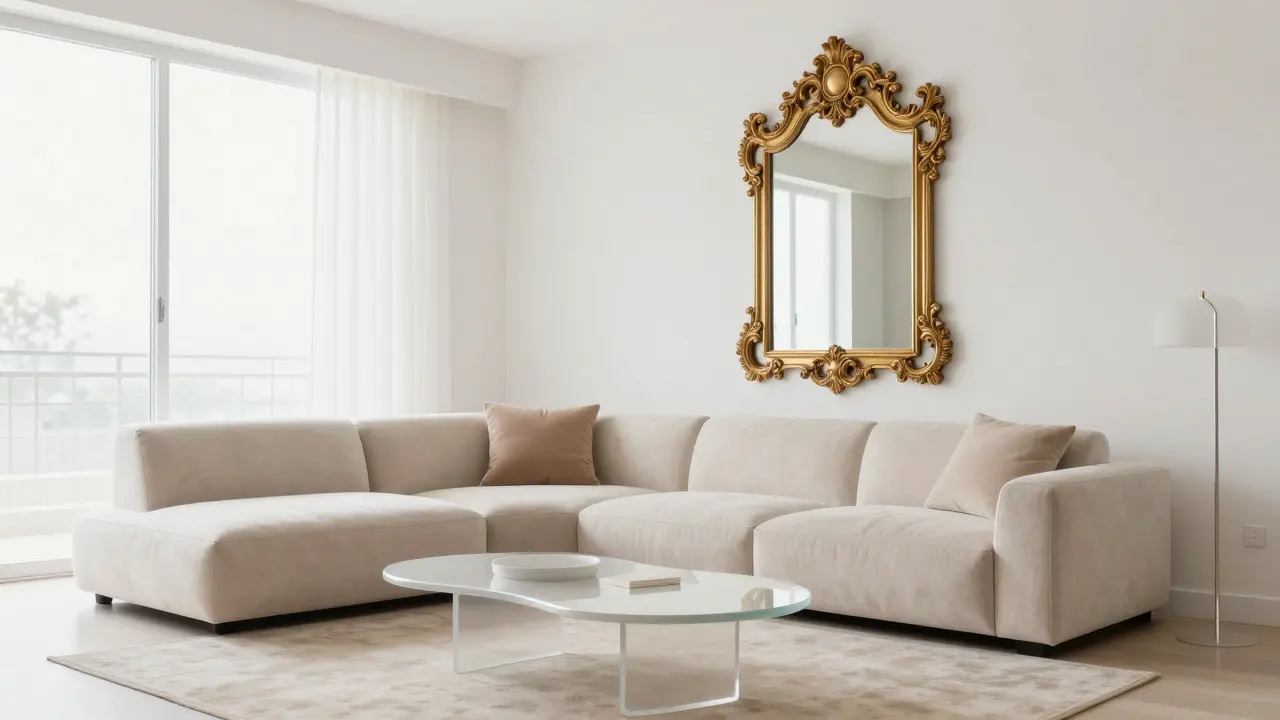 Modern living room blending minimalism with curved furniture and an ornate gilded mirror.