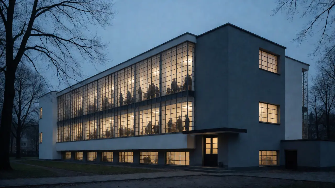 Modernist Bauhaus building with large glass windows glowing warmly at dusk.